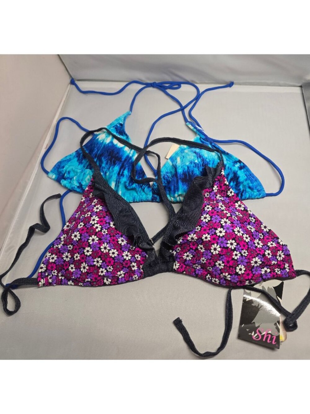 Floral & Tie-Dye Bikini Tops Set XL Ditsy Floral & Blue Tie-Dye beach nautical